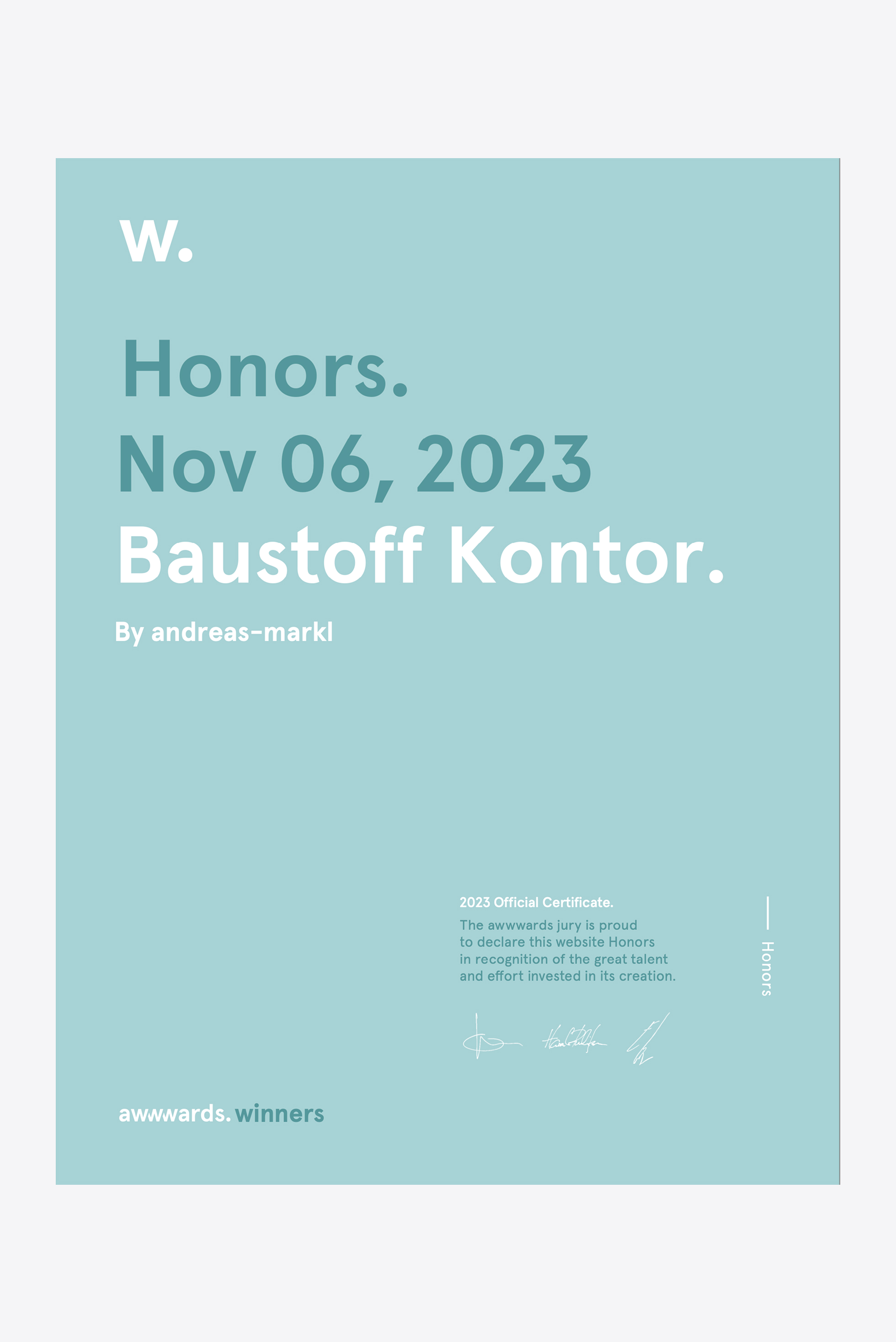 Ausgestelltes Zertifikate von Awwwards für die Honarable Mention für Baustoff Kontor.