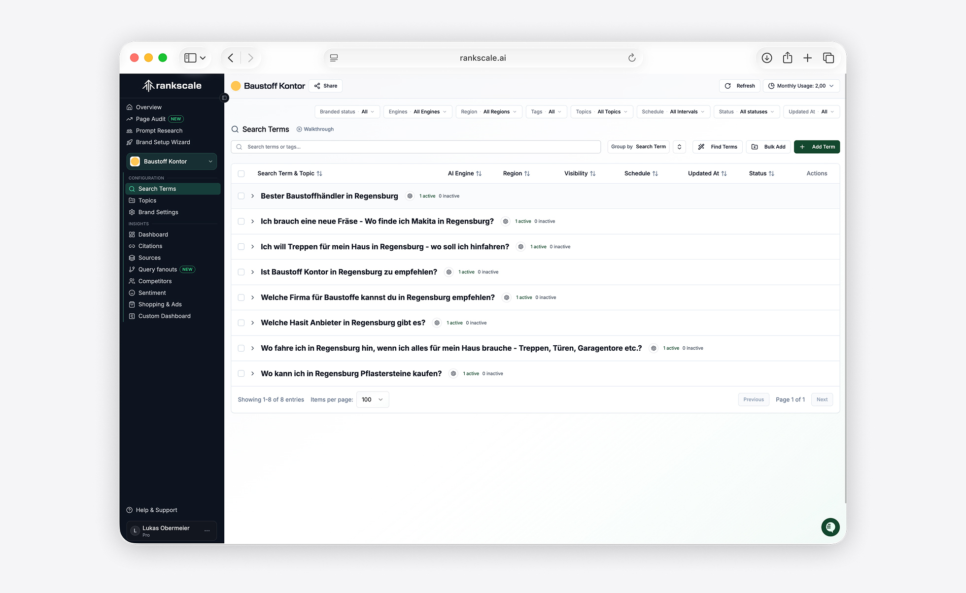Screenshot KI Sichtbarkeit in Rankscale